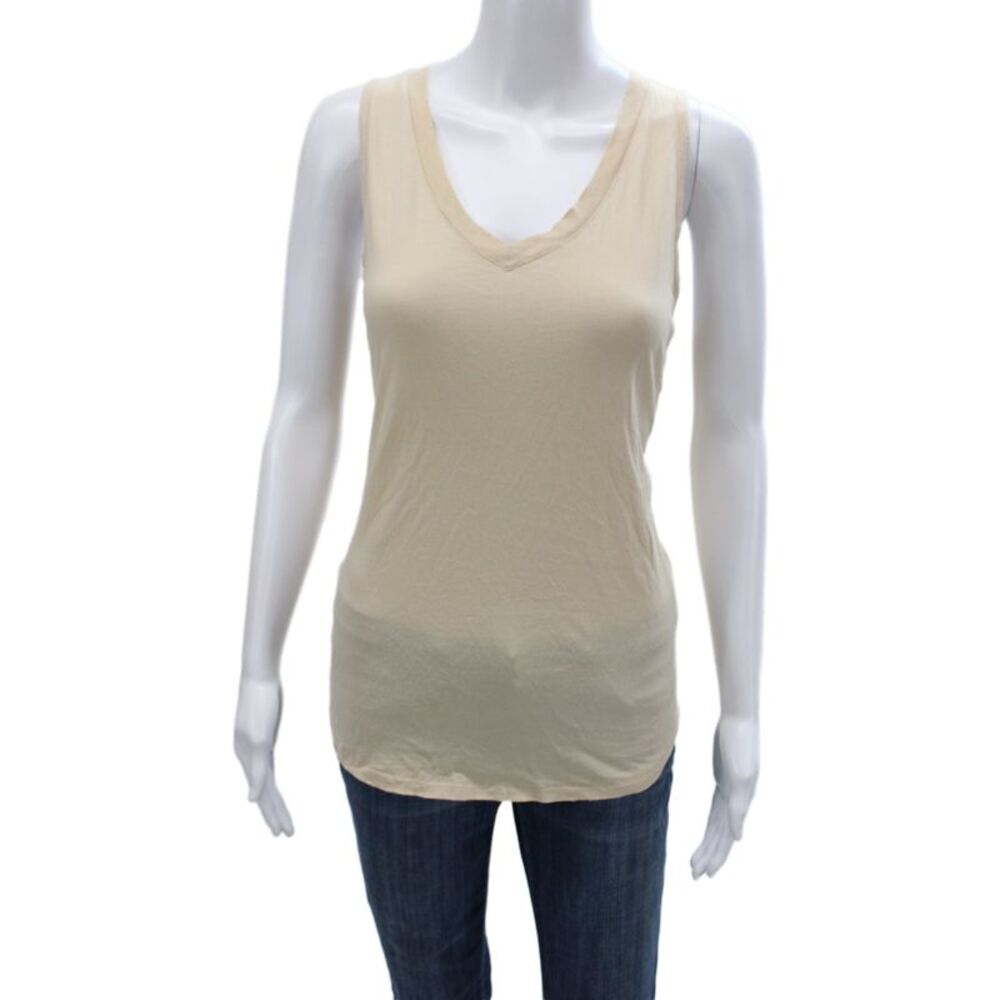 Leallo Womens Basic V-Neck Tank Beige 100% Cotton Sleeveless Size L